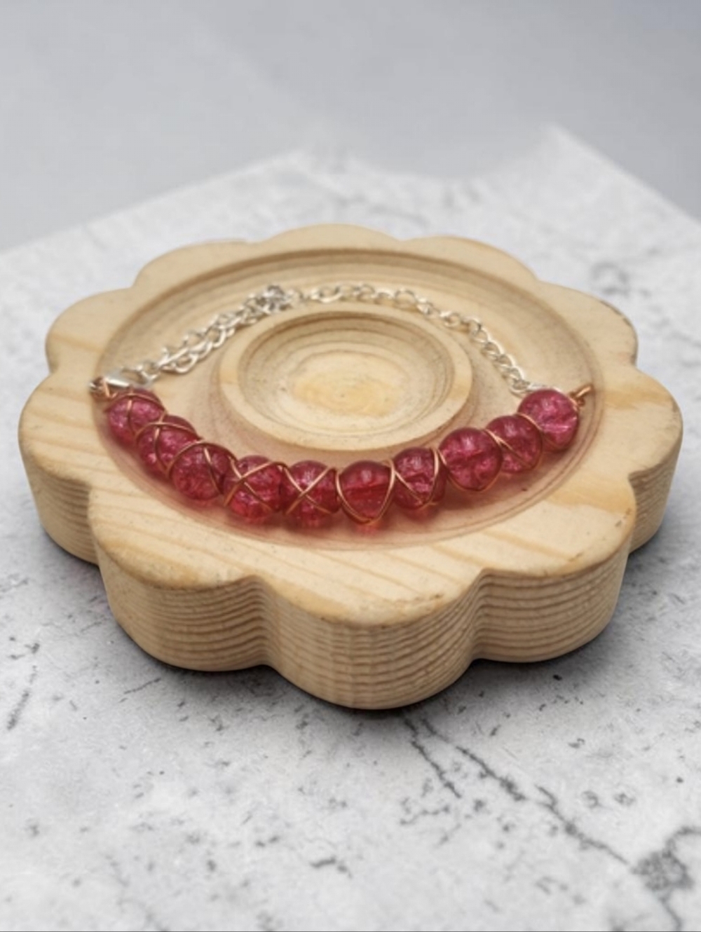 Handmade Wire-Wrapped Pink Beaded Bracelet – Adjustable Chain Jewelry